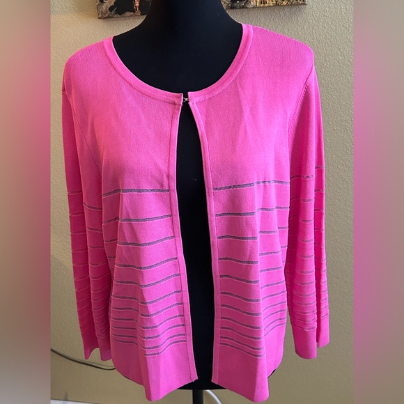 Peter Nygard Sweaters - Peter Nygard Hot Pink Open-Front Cardigan with Sheer Silver Stripes